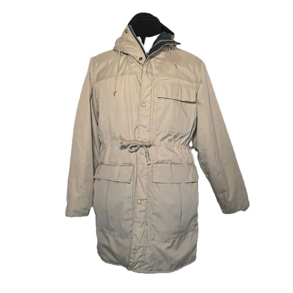 London Fog Mens Thinsulate Hooded Jacket 38R Beige Thermal Rain Trench Coat